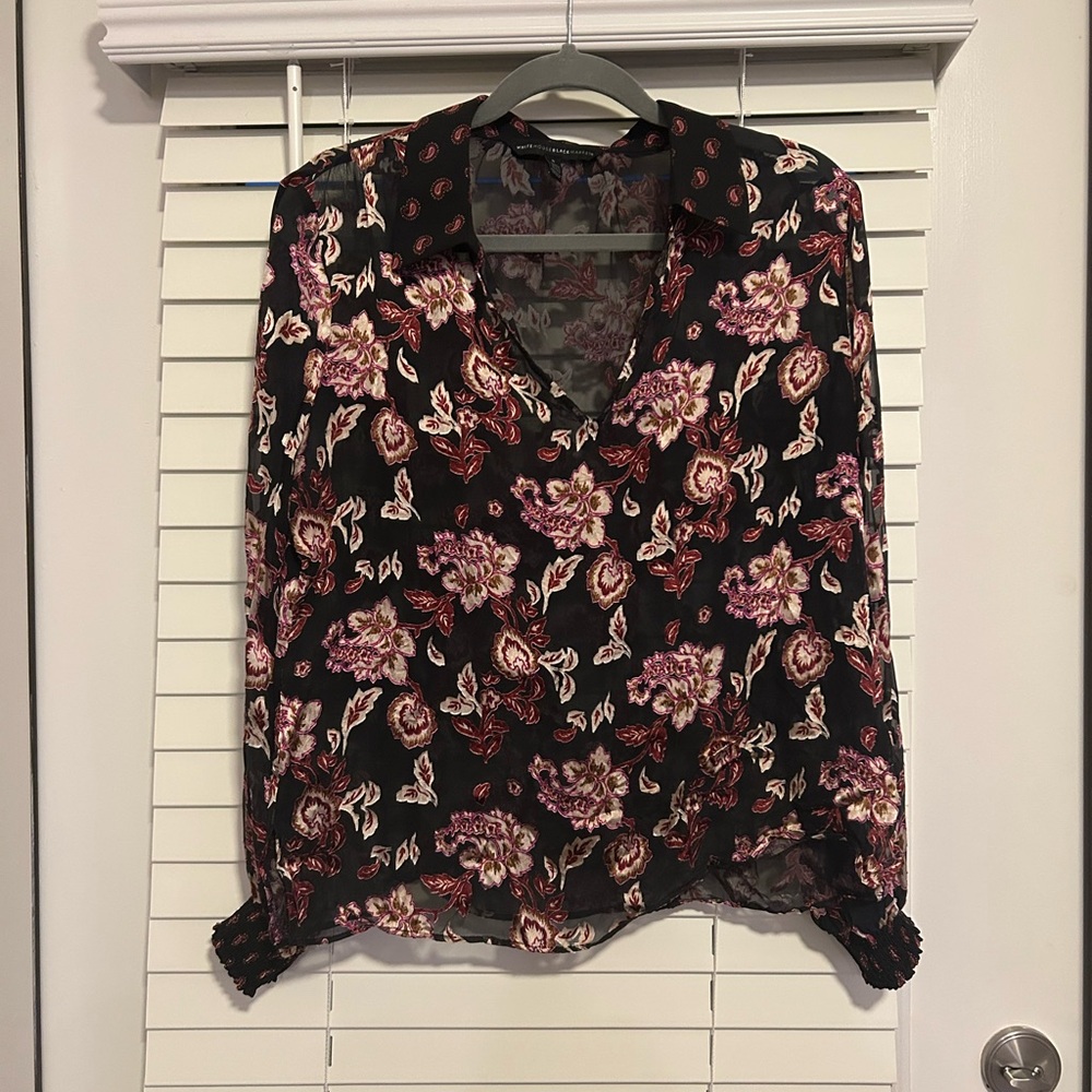 White House Black Market Black and Pink Floral Blouse